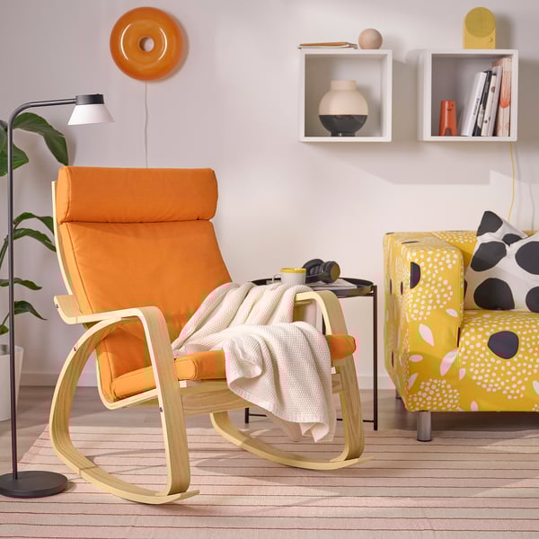 POÄNG - Rocking chair, oak veneer mord white/Knisa bright orange