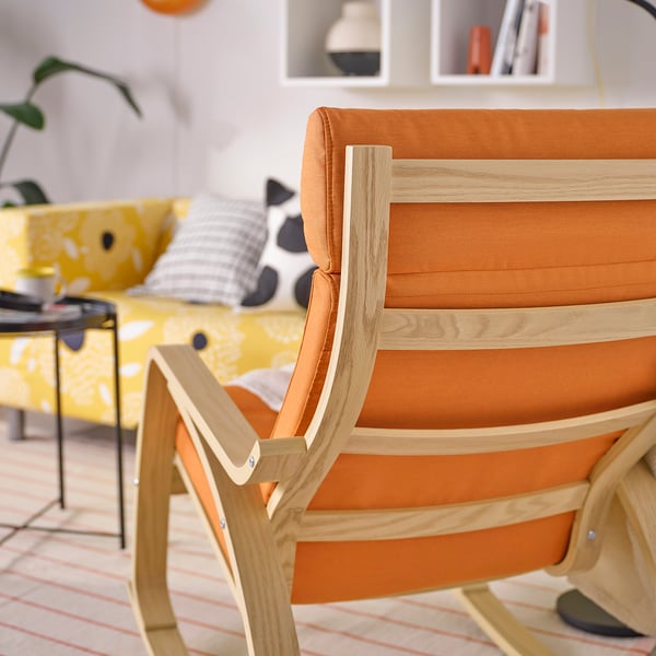 POÄNG - Rocking chair, oak veneer mord white/Knisa bright orange