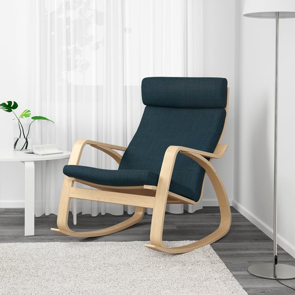 POÄNG rocking-chair, birch veneer/Hillared dark blue, 68x95x94 cm
