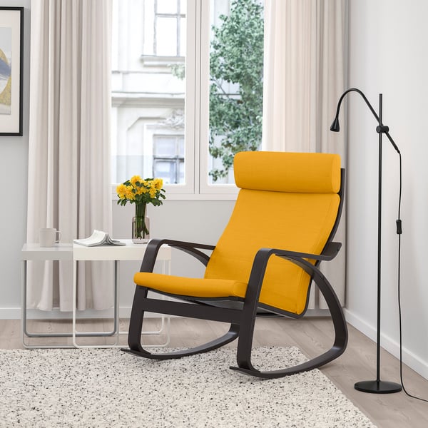 POÄNG rocking-chair, black-brown/Skiftebo yellow, 68x95x94 cm
