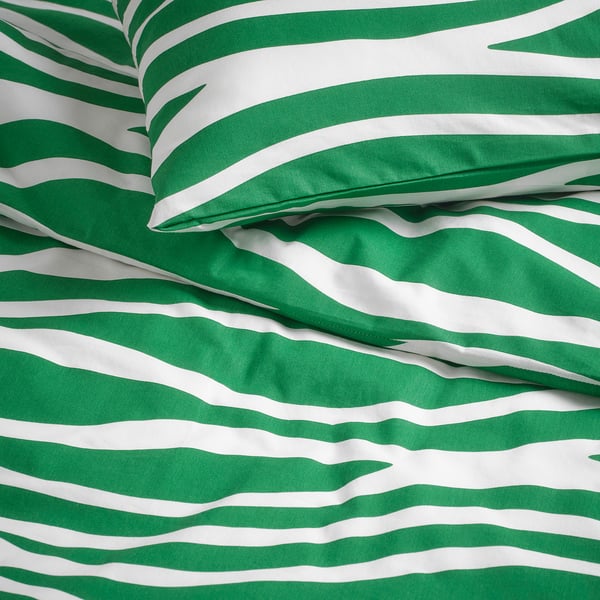 PORTLAKMÅLLA duvet cover and 2 pillowcases, green/white, 240x220/50x80 cm