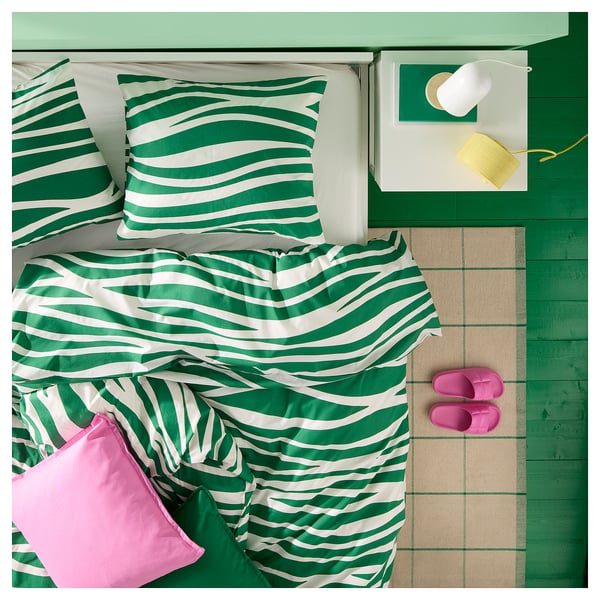 PORTLAKMÅLLA duvet cover and 2 pillowcases, green/white, 240x220/50x80 cm