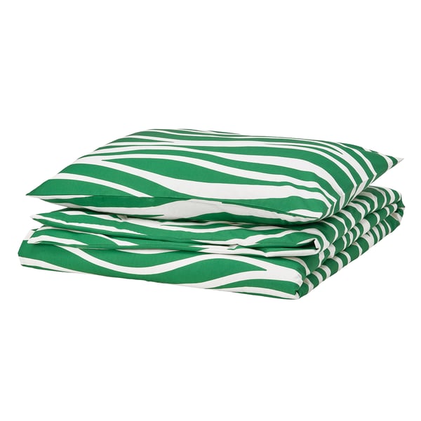 PORTLAKMÅLLA - Duvet cover and pillowcase, green/white,150x200/50x80 cm