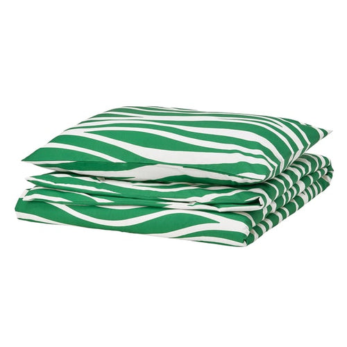 PORTLAKMÅLLA - Duvet cover and pillowcase, green/white, 150x200/50x80 cm