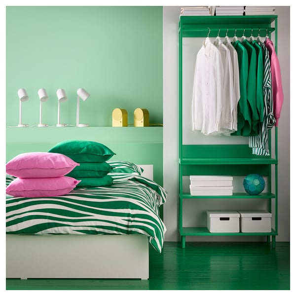PORTLAKMÅLLA - Duvet cover and pillowcase, green/white,150x200/50x80 cm
