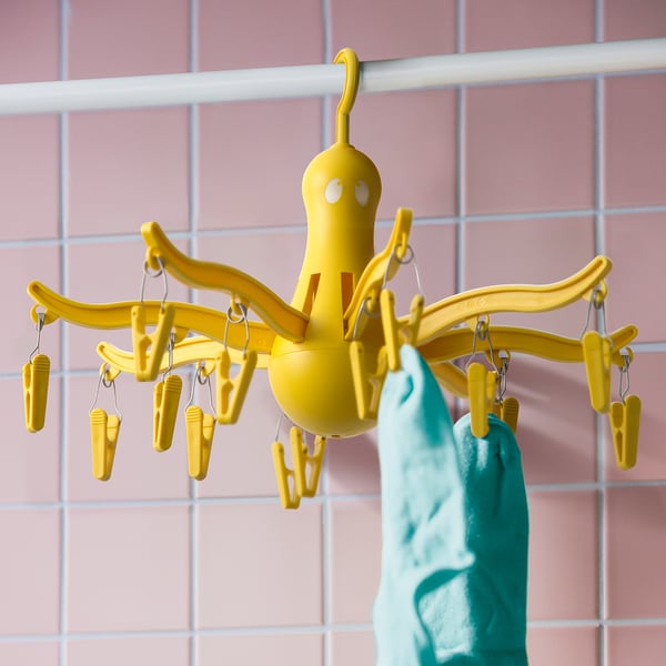 PRESS - Clothesline with 16 clothes pegs, yellow