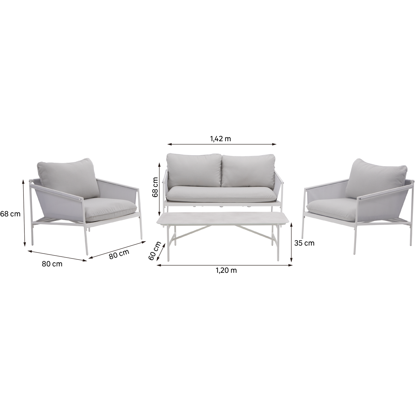 COFFEE SET NATERIAL SIGMA 4 SEATER WHITE STEEL WITH GLASS COFFEE TABLE TOP