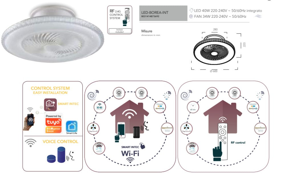 CEILING LIGHT WITH FAN BOREA ACRYLIC WHITE D60 LED 40W CCT SMART