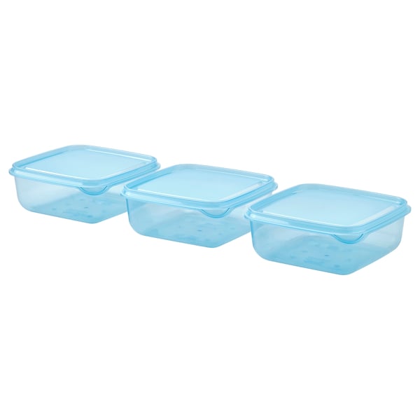 PRUTA food container with lid, blue, 14x14 cm, 3 pack