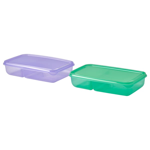 PRUTA sandwich container with lid, lilac/green, 22x14 cm, 2 pack