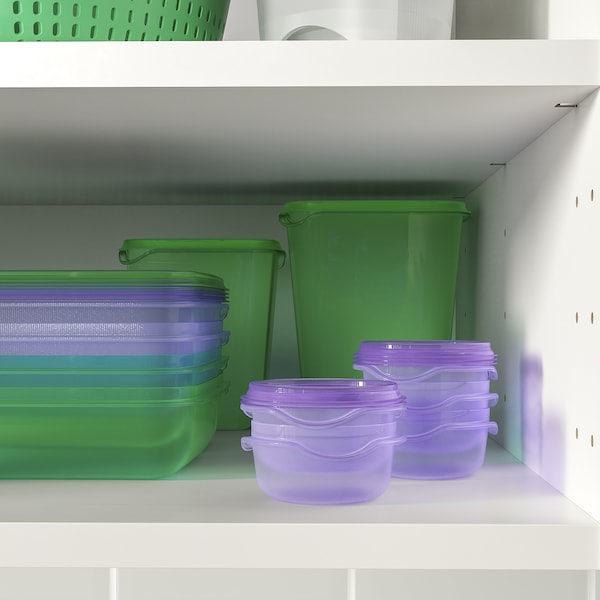 PRUTA food container with lid, set of 17, green