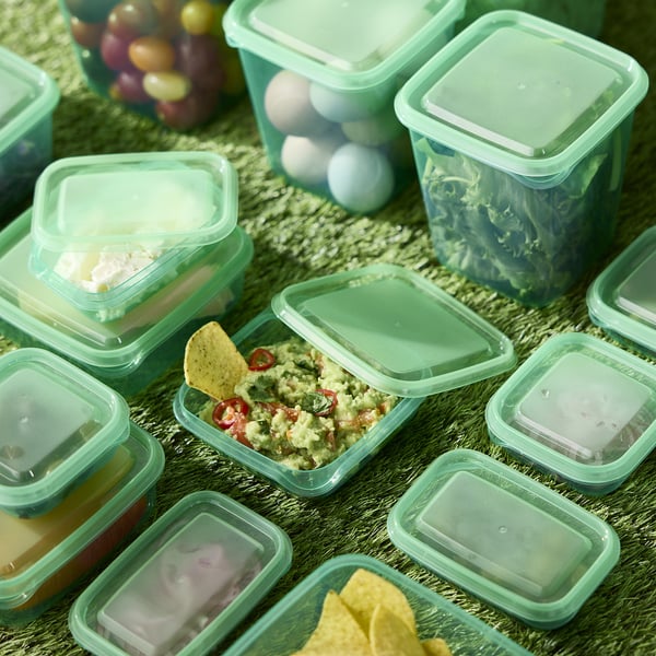 PRUTA food container with lid, set of 17, green