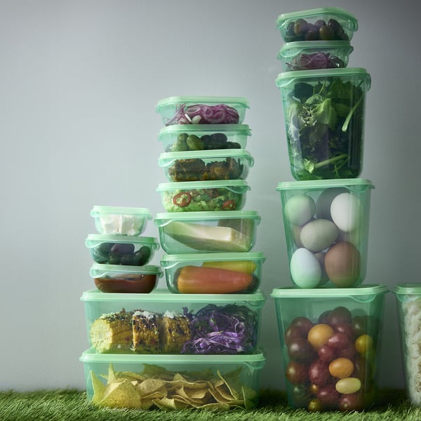 PRUTA food container with lid, set of 17, green