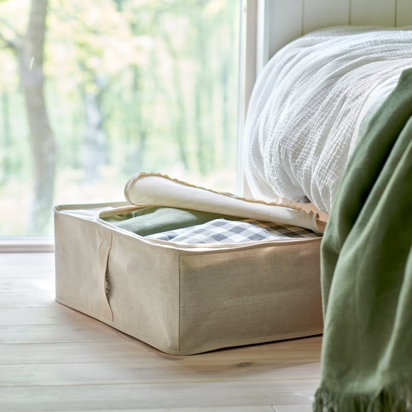 PURRPINGLA storage case, textile/beige, 43x53x19 cm