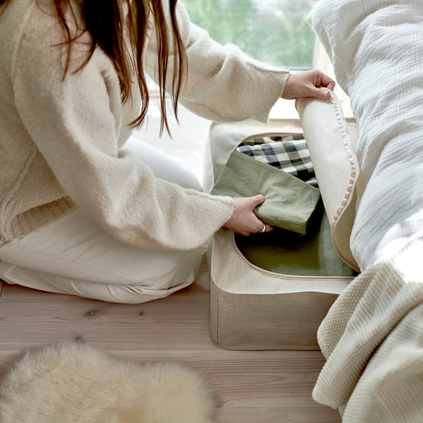 PURRPINGLA storage case, textile/beige, 43x53x19 cm