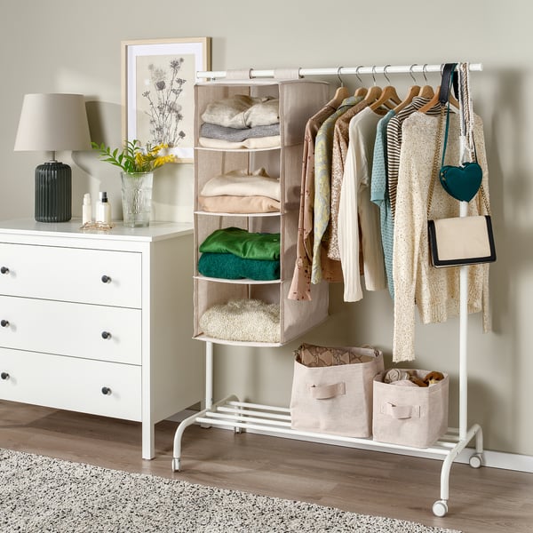 PURRPINGLA - Hanging storage w 4 compartments, textile/beige, 36x45x92 cm