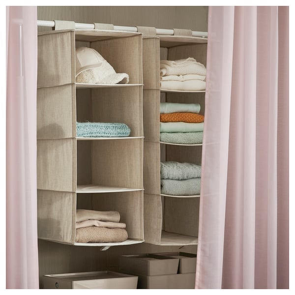 PURRPINGLA - Hanging storage w 4 compartments, textile/beige, 36x45x92 cm