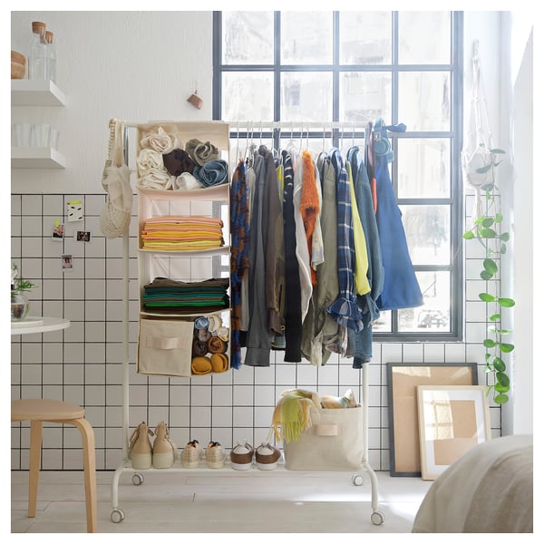 PURRPINGLA - Hanging storage w 4 compartments, textile/beige, 36x45x92 cm