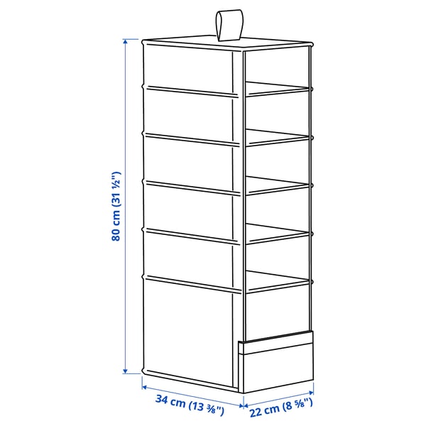 PURRPINGLA hanging storage w 6 compartments, textile/beige, 22x34x80 cm