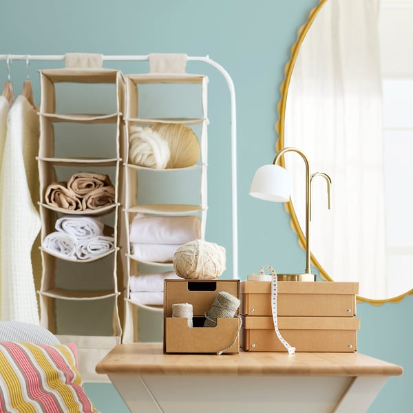 PURRPINGLA hanging storage w 6 compartments, textile/beige, 22x34x80 cm