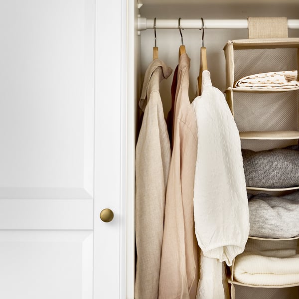 PURRPINGLA hanging storage w 6 compartments, textile/beige, 22x34x80 cm