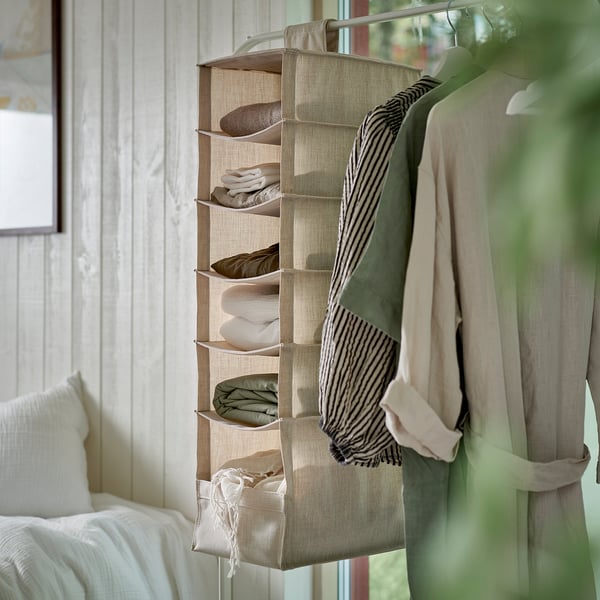 PURRPINGLA hanging storage w 6 compartments, textile/beige, 22x34x80 cm