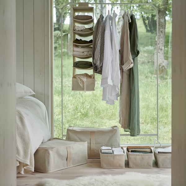 PURRPINGLA 6-compartment hanging rack, fabric/beige, 22x34x80 cm