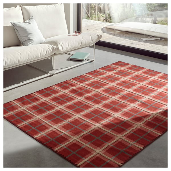 PYSSLINGGRÄS rug, flatwoven, red check/handmade, 240x170 cm