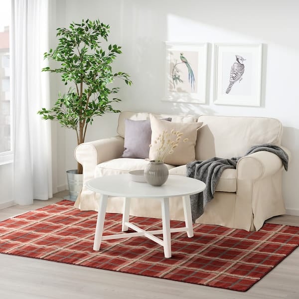 Ikea PYSSLINGGRÄS - Rug, flatwoven, red check/handmade, 170x240 cm
