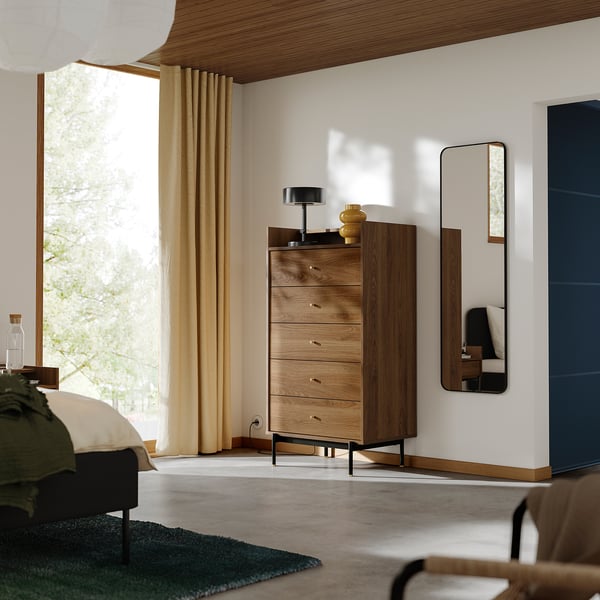 RÅDMANSÖ chest of 5 drawers, brown walnut effect, 70x48x132 cm