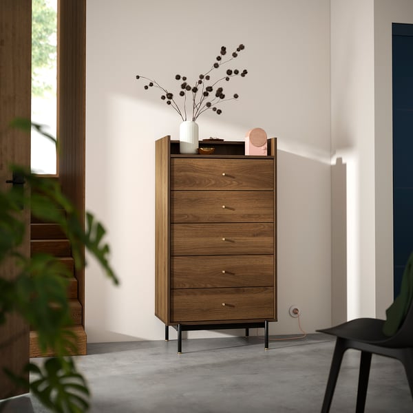 RÅDMANSÖ chest of 5 drawers, brown walnut effect, 70x48x132 cm