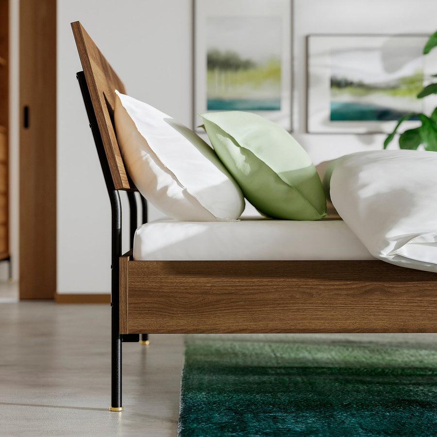 RÅDMANSÖ bed frame, brown walnut effect/Leirsund, 220x168 cm