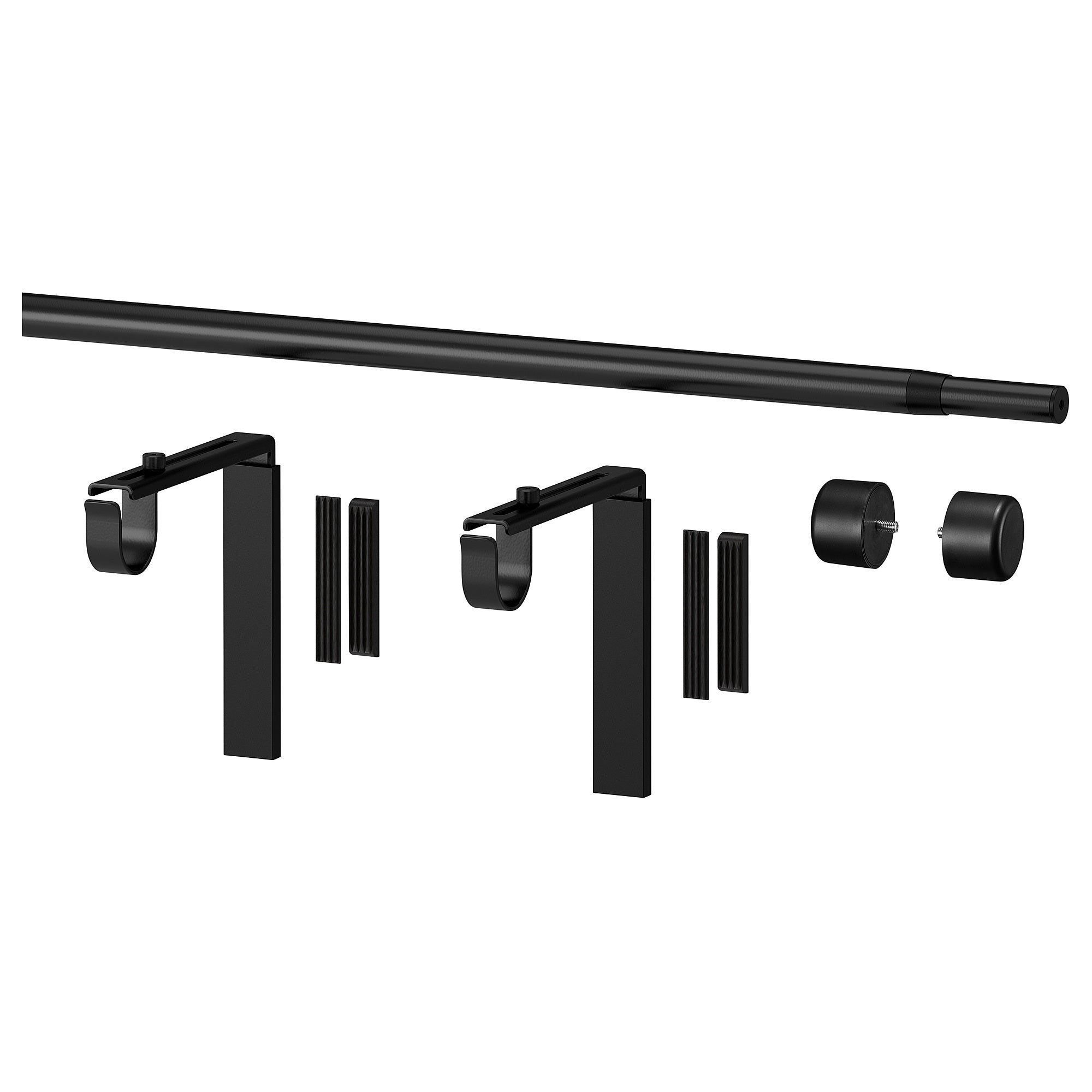 RÄCKA curtain rod combination, with wall/ceiling brackets/with finials black, 70-120 cm