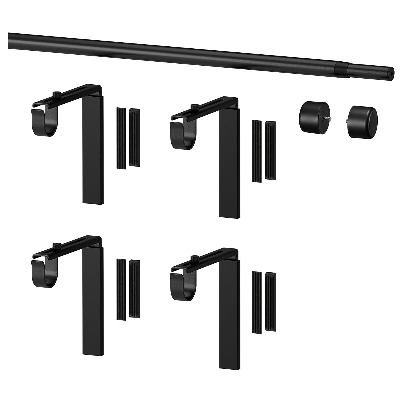 RÄCKA curtain rod combination, with wall/ceiling brackets/with finials black, 210-385 cm