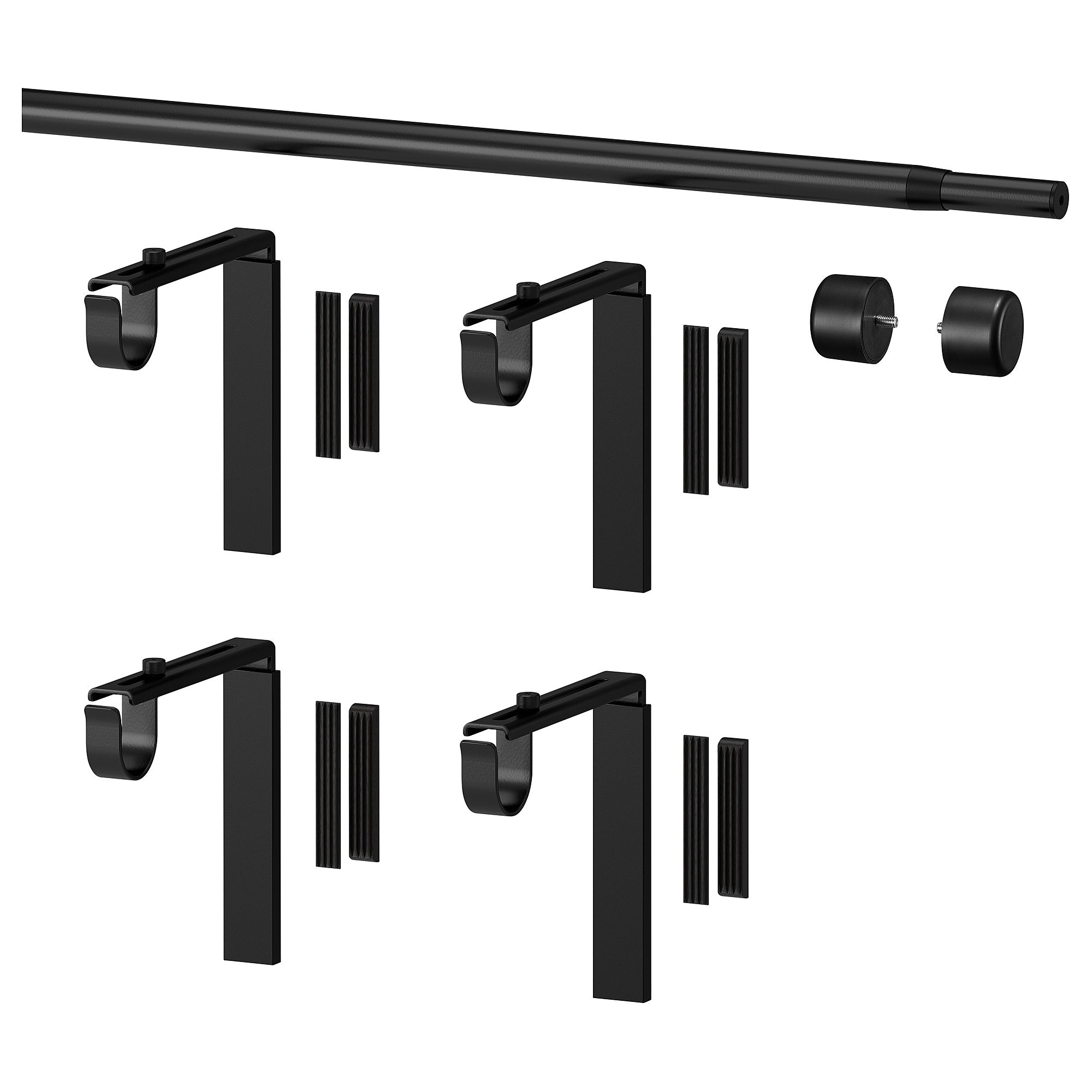 RÄCKA curtain rod combination, with wall/ceiling brackets/with finials black, 210-385 cm