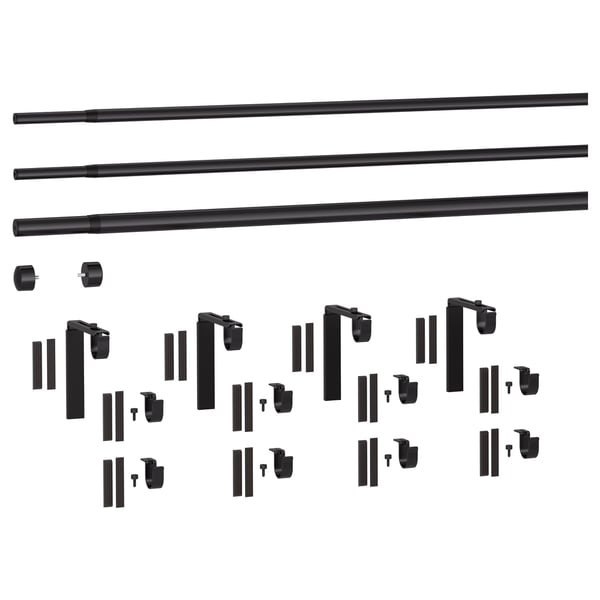 RÄCKA / HUGAD - RÄCKA / HUGAD Triple curtain rod combination, black, 120-210 cm