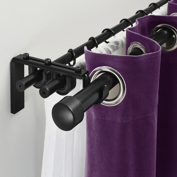RÄCKA / HUGAD triple curtain rod combination, black, 120-210 cm