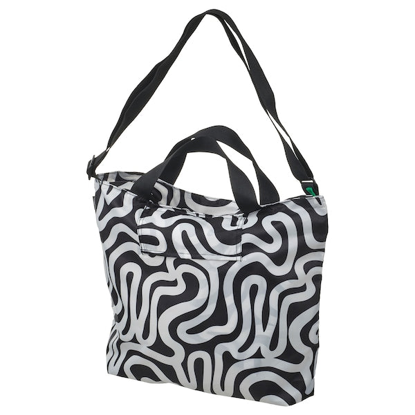 RÄCKLA - Bag, foldable, patterned/black white, 48x36 cm/20 l