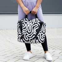 RÄCKLA - Folding bag, patterned/black white,48x36 cm/20 l