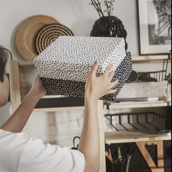 RÄTTAREN storage box with lid, set of 2, black/white