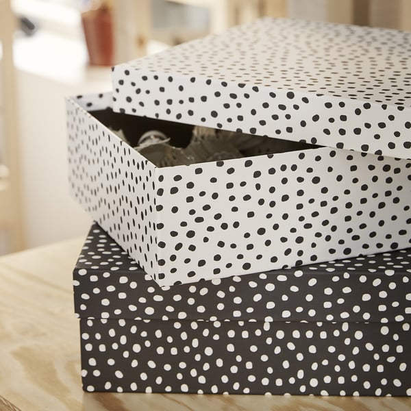 RÄTTAREN storage box with lid, set of 2, black/white