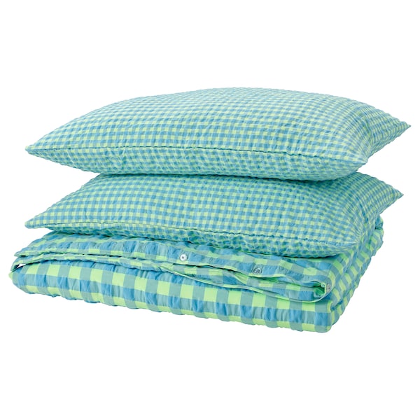 RÅGBLOMMA - Duvet cover and 2 pillowcases, light green/light blue,240x220/50x80 cm