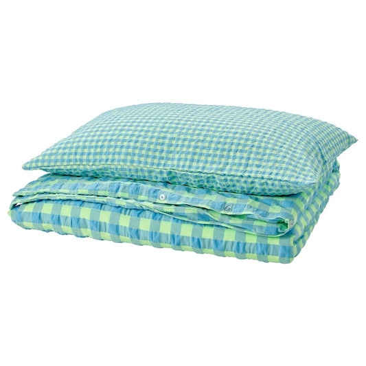 RÅGBLOMMA - Duvet cover and pillowcase, light green/light blue,150x200/50x80 cm