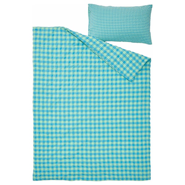 RÅGBLOMMA - Duvet cover and pillowcase, light green/light blue,150x200/50x80 cm