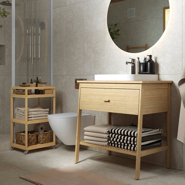 RÅGRUND / BACKSJÖN open wsh-stnd w drw/wash-basin/tap, bamboo, 82x49x91 cm