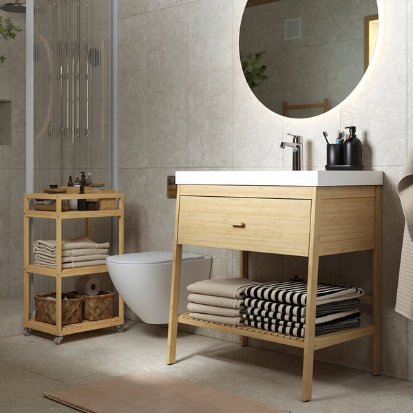 RÅGRUND / BACKSJÖN open wsh-stnd w drw/wash-basin/tap, bamboo, 80x48x89 cm