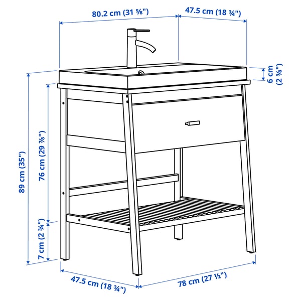 RÅGRUND / BACKSJÖN open wsh-stnd w drw/wash-basin/tap, bamboo, 80x48x89 cm