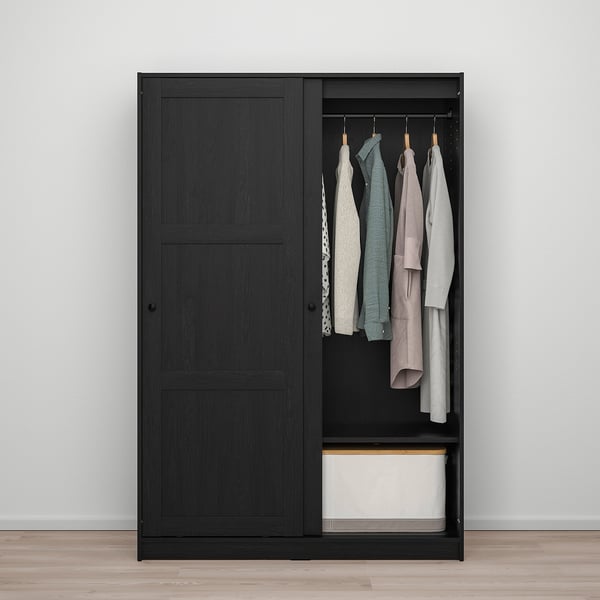 RAKKESTAD wardrobe with sliding doors, black-brown, 117x176 cm
