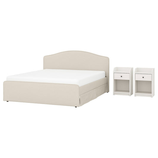 RAMNEFJÄLL / HAUGA bedroom furniture, set of 3, Idekulla beige/white, 140x200 cm