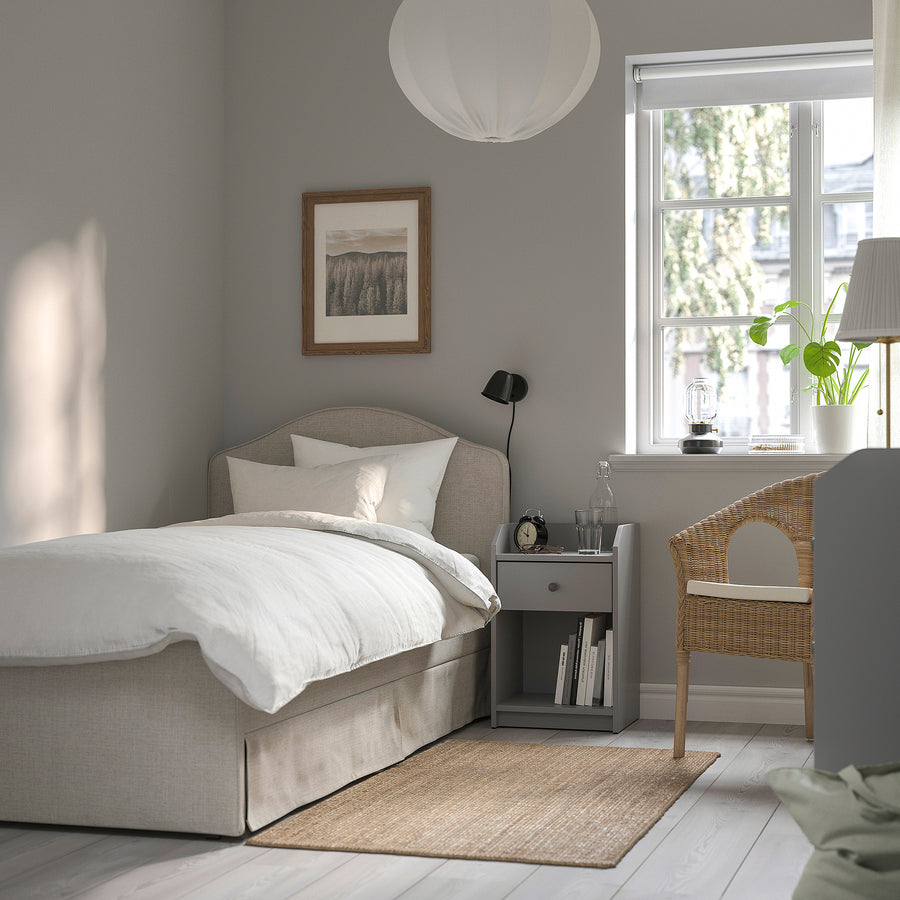 RAMNEFJÄLL upholstered bed frame, Kilanda light beige/Lindbåden, 90x200 cm